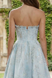 Lichtblauwe A-lijn strapless jacquard satijnen brokaat maxijurk