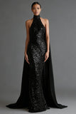 Glitterende zwarte Zeemeermin Halter Maxi jurk met Slinger