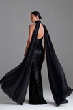 Glitterende zwarte Zeemeermin Halter Maxi jurk met Slinger