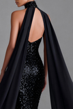 Glitterende zwarte Zeemeermin Halter Maxi jurk met Slinger