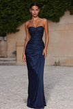 Marineblauwe zeemeermin strapless maxijurk met pailletten