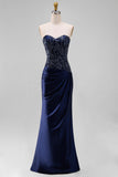 Marineblauwe zeemeermin strapless maxijurk met pailletten