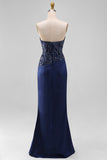 Marineblauwe zeemeermin strapless maxijurk met pailletten