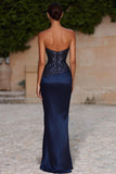Marineblauwe zeemeermin strapless maxijurk met pailletten