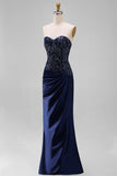 Marineblauwe zeemeermin strapless maxijurk met pailletten