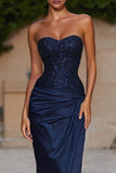 Marineblauwe zeemeermin strapless maxijurk met pailletten