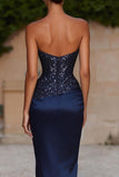 Marineblauwe zeemeermin strapless maxijurk met pailletten