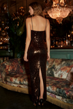 Glitterende schede Koffie Spaghetti Straps Pailletten Maxi jurk met split