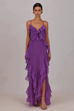 Lange pruimkleurige jurk met ruches chiffon met split