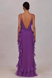 Lange pruimkleurige jurk met ruches chiffon met split