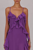 Lange pruimkleurige jurk met ruches chiffon met split