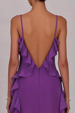Lange pruimkleurige jurk met ruches chiffon met split