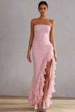 Roze strapless lange chiffon jurk met ruches en ruches