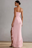 Roze strapless lange chiffon jurk met ruches en ruches