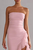 Roze strapless lange chiffon jurk met ruches en ruches