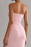 Roze strapless lange chiffon jurk met ruches en ruches