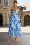 Witblauwe Flower A-lijn strapless midi-jurk met ruches