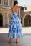 Witblauwe Flower A-lijn strapless midi-jurk met ruches