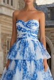 Witblauwe Flower A-lijn strapless midi-jurk met ruches