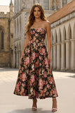 Strapless A-lijn bedrukte zwarte roze bloemen midi jurk met parels