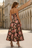 Strapless A-lijn bedrukte zwarte roze bloemen midi jurk met parels