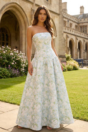 Strapless blauwe witte bloemenprint A-lijn maxijurk