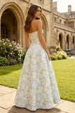 Strapless blauwe witte bloemenprint A-lijn maxijurk