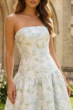 Strapless blauwe witte bloemenprint A-lijn maxijurk