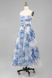 Witblauwe bloemen strapless A-lijn gerimpelde midijurk