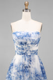 Witblauwe bloemen strapless A-lijn gerimpelde midijurk