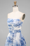 Witblauwe bloemen strapless A-lijn gerimpelde midijurk