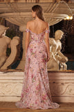 Roze pailletten korset met off-the-shoulder Zeemeermin lange galajurk met split
