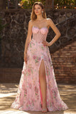 Roze bloemen strapless A-lijn doorschijnende korset pailletten lange galajurk met split