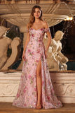 Roze bloemen A-lijn off the shoulder pailletten lange galajurk met split