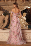 Roze bloemen A-lijn off the shoulder pailletten lange galajurk met split