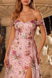 Roze bloemen A-lijn off the shoulder pailletten lange galajurk met split