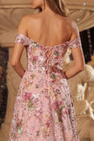 Roze bloemen A-lijn off the shoulder pailletten lange galajurk met split