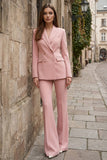 Roze 2-delige Peak Revers Dubbelrijzige Slim Fit Dames Werkpakken