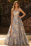Stoffige blauwe jacquard Een lijn korset strapless lange galajurk met split