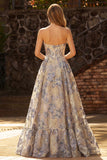 Stoffige blauwe jacquard Een lijn korset strapless lange galajurk met split
