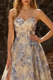 Stoffige blauwe jacquard Een lijn korset strapless lange galajurk met split