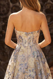 Stoffige blauwe jacquard Een lijn korset strapless lange galajurk met split