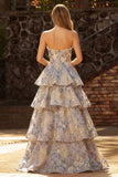 Stoffige blauwe Jacquard Parel strapless Een lijn lange gelaagde galajurk met split