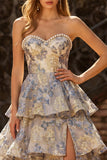 Stoffige blauwe Jacquard Parel strapless Een lijn lange gelaagde galajurk met split