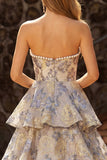 Stoffige blauwe Jacquard Parel strapless Een lijn lange gelaagde galajurk met split