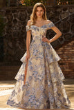 Stoffige blauwe jacquard over de schouder Een lijnkorset Lange gelaagde galajurk met split