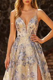 Stoffige blauwe Jacquard Spaghetti Straps Een lijnkorset Lange Galajurk met split