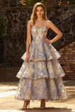 Stoffige blauwe Jacquard strapless A-lijn korset gelaagde galajurk met ruches