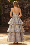 Stoffige blauwe Jacquard strapless A-lijn korset gelaagde galajurk met ruches