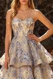 Stoffige blauwe Jacquard strapless A-lijn korset gelaagde galajurk met ruches